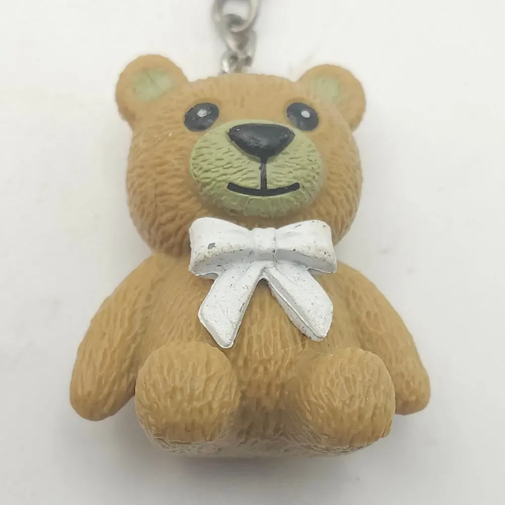 Lot of 2 Teddy Bear Keychain Charms Red Rubber Bear Brown Teddy With White Bow